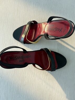 Vintage YSL Paris Black Gold Leather Slingback Heels Size 7N